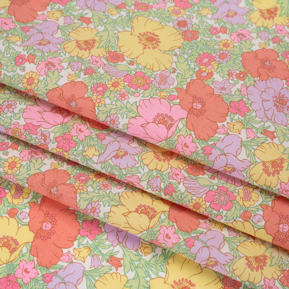 Liberty Fabrics Tana Lawn® - Meadow Song Pink, Yellow and Lime Green Flower Field - Detail Liberty Fabrics Tana Lawn® - Meadow Song Pink, Yellow and Lime Green Flower Field - Detail