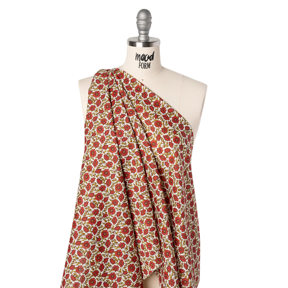 Liberty Fabrics Tana Lawn® - Astell Reece Red - Red and Golden Olive Flower Vines Liberty Fabrics Tana Lawn® - Astell Reece Red - Red and Golden Olive Flower Vines