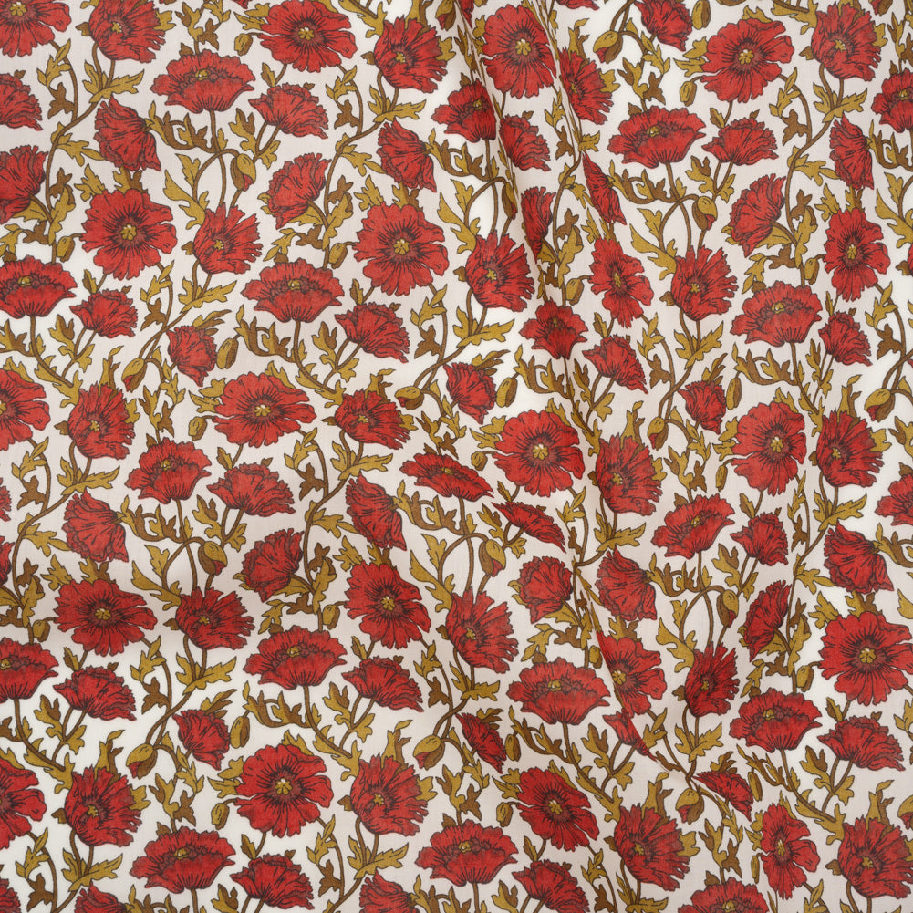 Liberty Fabrics Tana Lawn® - Astell Reece Red - Red and Golden Olive Flower Vines Liberty Fabrics Tana Lawn® - Astell Reece Red - Red and Golden Olive Flower Vines