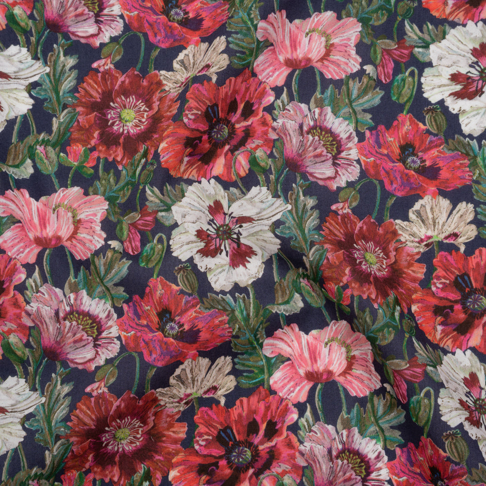 Liberty Fabrics Tana Lawn® - Poppy Amelie Dark Blue - Red, Green and Navy Poppy Flower Field Liberty Fabrics Tana Lawn® - Poppy Amelie Dark Blue - Red, Green and Navy Poppy Flower Field