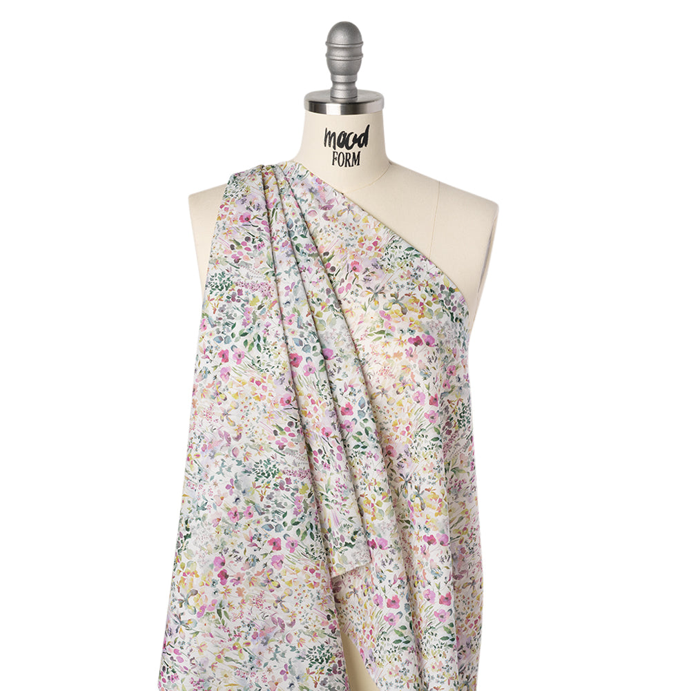 Liberty Fabrics Tana Lawn® - Felda Green - Pink, Yellow and Green Watercolor Flowers - Folded Liberty Fabrics Tana Lawn® - Felda Green - Pink, Yellow and Green Watercolor Flowers - Folded
