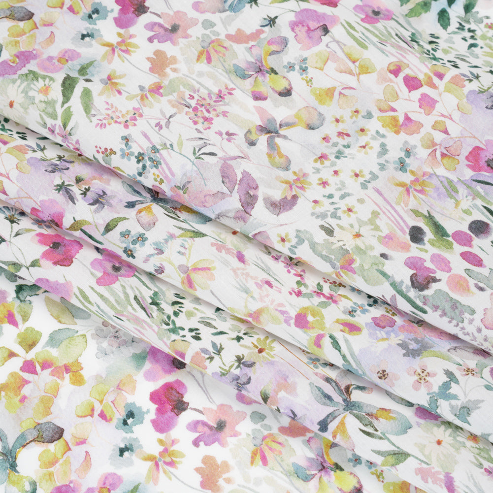 Liberty Fabrics Tana Lawn® - Felda Green - Pink, Yellow and Green Watercolor Flowers - Detail Liberty Fabrics Tana Lawn® - Felda Green - Pink, Yellow and Green Watercolor Flowers - Detail