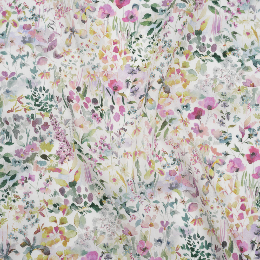 Liberty Fabrics Tana Lawn® - Felda Green - Pink, Yellow and Green Watercolor Flowers - Drape Liberty Fabrics Tana Lawn® - Felda Green - Pink, Yellow and Green Watercolor Flowers - Drape
