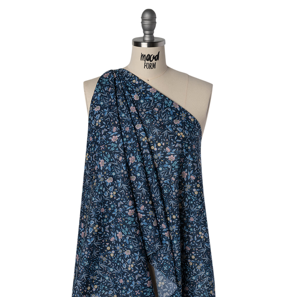 Liberty Fabrics Tana Lawn® - Tapestry Dark Blue - Navy, Sky Blue and Light Yellow Floral and Butterflies Folded Liberty Fabrics Tana Lawn® - Tapestry Dark Blue - Navy, Sky Blue and Light Yellow Floral and Butterflies Folded