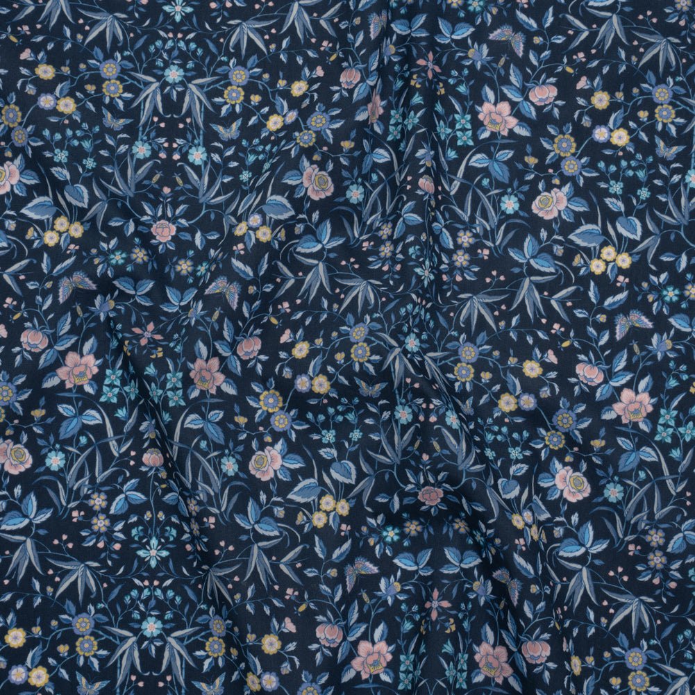 Liberty Fabrics Tana Lawn® - Tapestry Dark Blue - Navy, Sky Blue and Light Yellow Floral and Butterflies Drape Liberty Fabrics Tana Lawn® - Tapestry Dark Blue - Navy, Sky Blue and Light Yellow Floral and Butterflies Drape