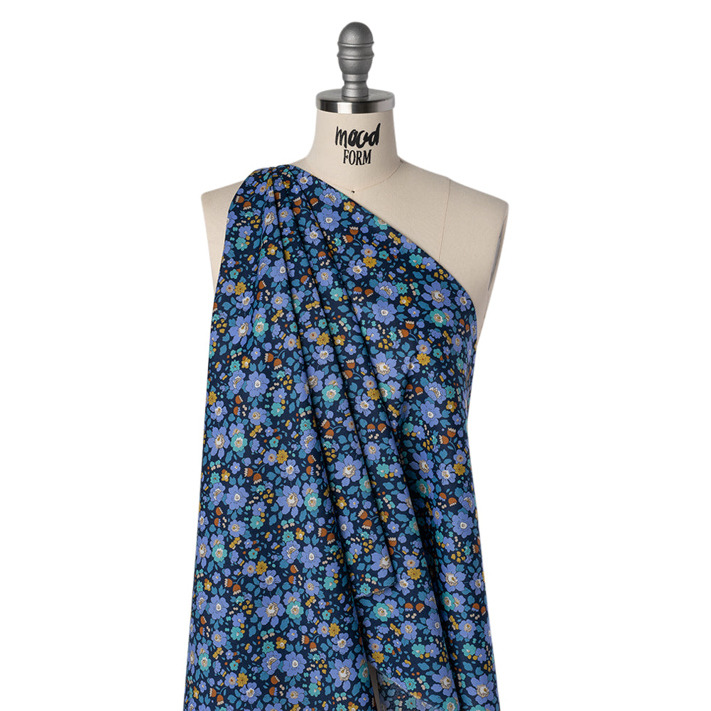 Liberty Fabrics Tana Lawn® - Betsy Meadow Dark Blue - Blue, Periwinkle and Yellow Illustrated Floral - Folded Liberty Fabrics Tana Lawn® - Betsy Meadow Dark Blue - Blue, Periwinkle and Yellow Illustrated Floral - Folded