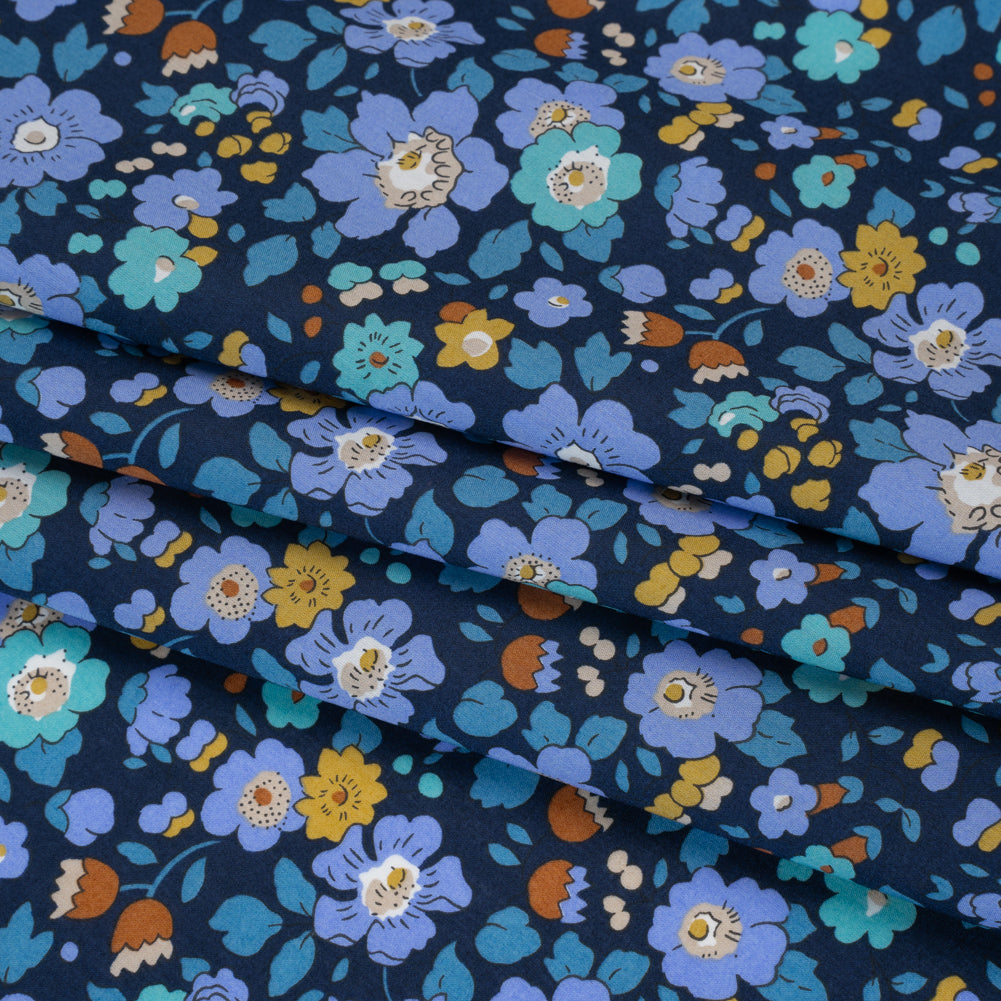Liberty Fabrics Tana Lawn® - Betsy Meadow Dark Blue - Blue, Periwinkle and Yellow Illustrated Floral - Detail Liberty Fabrics Tana Lawn® - Betsy Meadow Dark Blue - Blue, Periwinkle and Yellow Illustrated Floral - Detail