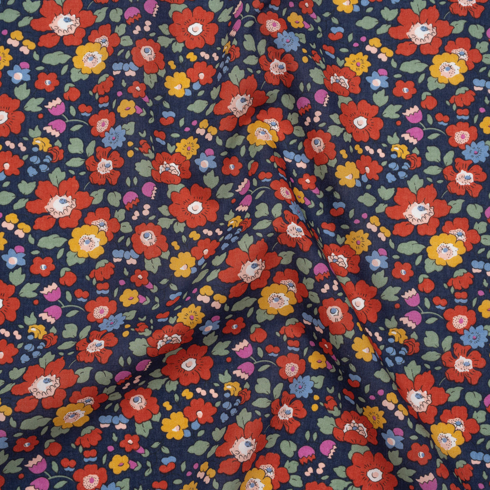Liberty Fabrics Tana Lawn® - Betsy Meadow Multi Bright - Navy Blue, Red and Yellow Illustrated Floral Drape Liberty Fabrics Tana Lawn® - Betsy Meadow Multi Bright - Navy Blue, Red and Yellow Illustrated Floral Drape
