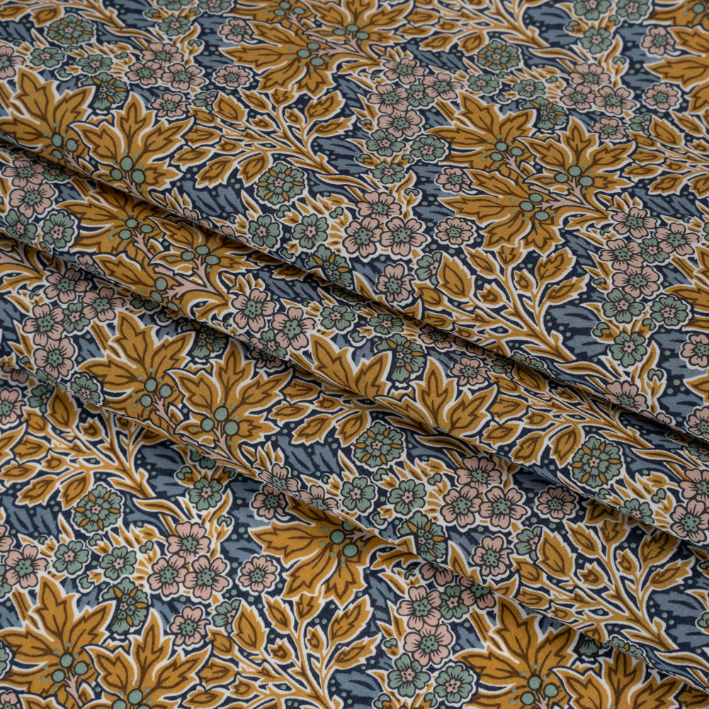 Liberty Fabrics Tana Lawn® - Aubrey Forest Yellow - Yellow and Blue Leafy Floral Chevrons Detail Liberty Fabrics Tana Lawn® - Aubrey Forest Yellow - Yellow and Blue Leafy Floral Chevrons Detail
