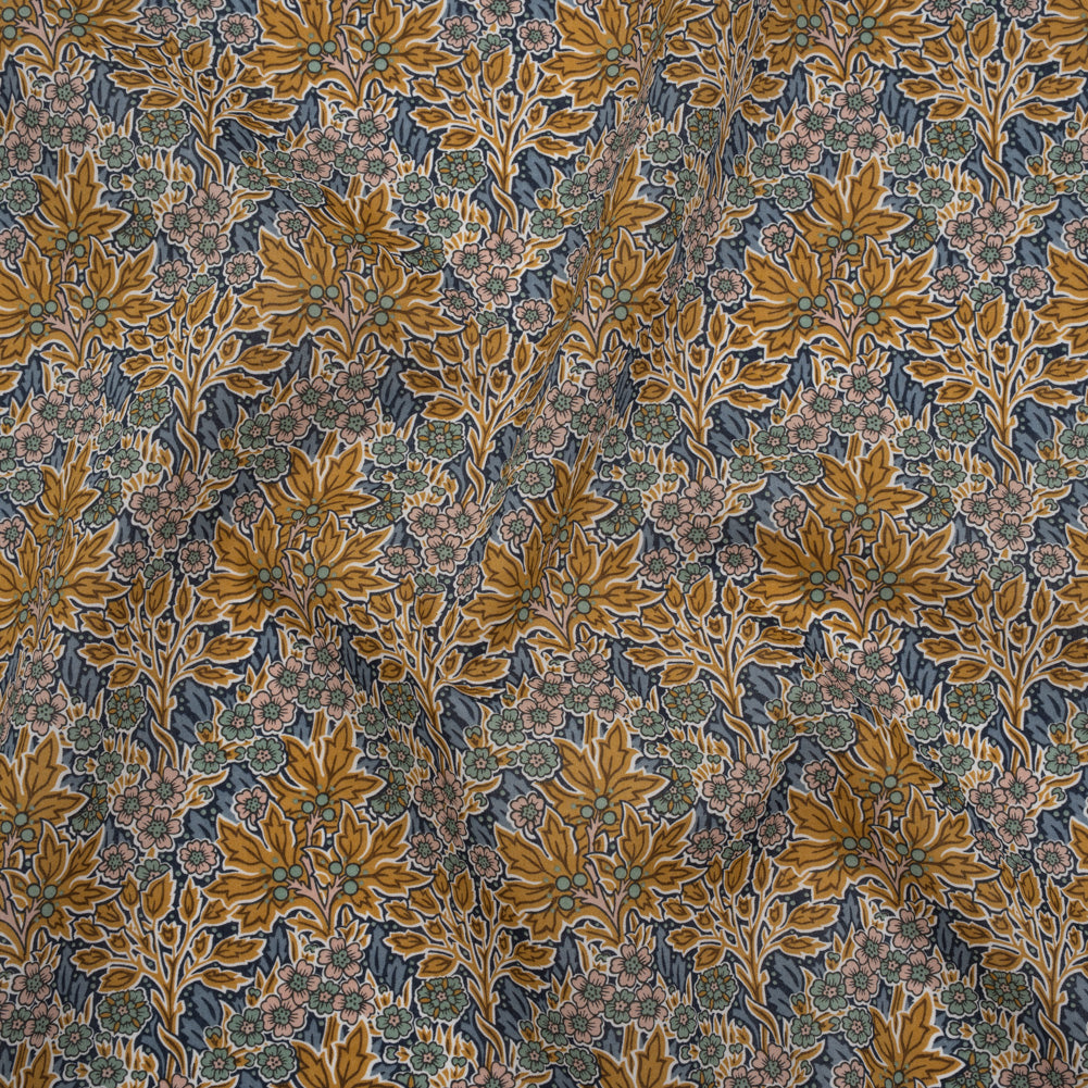 Liberty Fabrics Tana Lawn® - Aubrey Forest Yellow - Yellow and Blue Leafy Floral Chevrons Drape Liberty Fabrics Tana Lawn® - Aubrey Forest Yellow - Yellow and Blue Leafy Floral Chevrons Drape