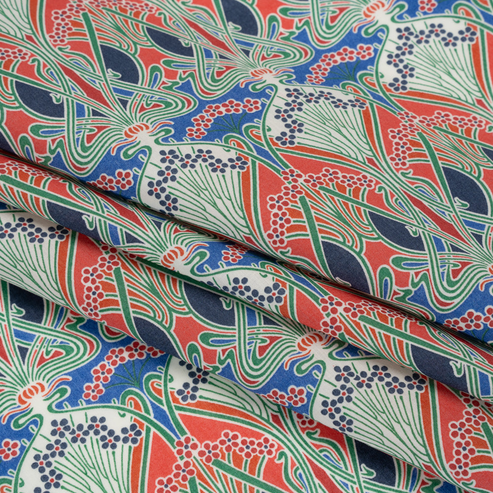 Liberty Fabrics Tana Lawn® - Ianthe Red - Red, Bright Blue and Pink Art Nouveau Floral Trees Detail Liberty Fabrics Tana Lawn® - Ianthe Red - Red, Bright Blue and Pink Art Nouveau Floral Trees Detail