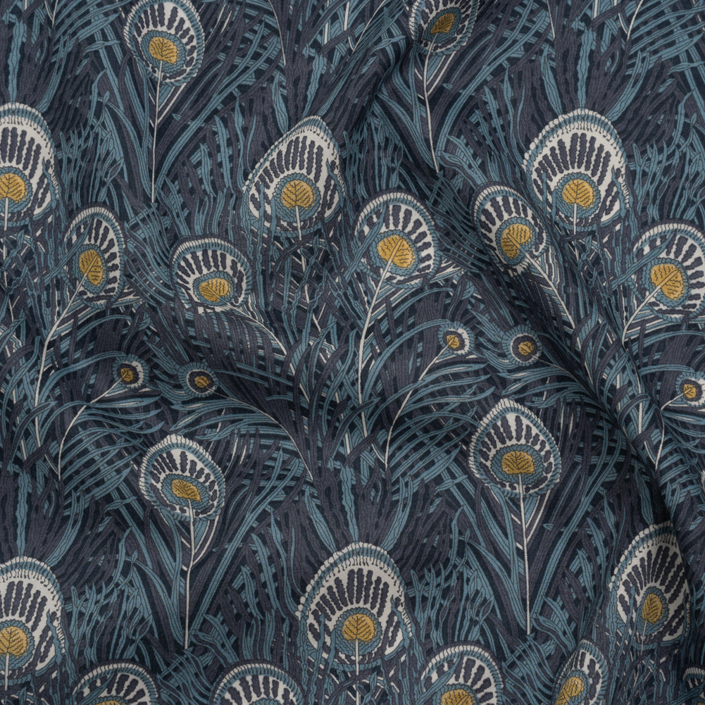 Liberty Fabrics Tana Lawn® - Queen Hera Dark Blue - Midnight, Sky Blue and Golden Yellow Field of Feathers - Drape Liberty Fabrics Tana Lawn® - Queen Hera Dark Blue - Midnight, Sky Blue and Golden Yellow Field of Feathers - Drape