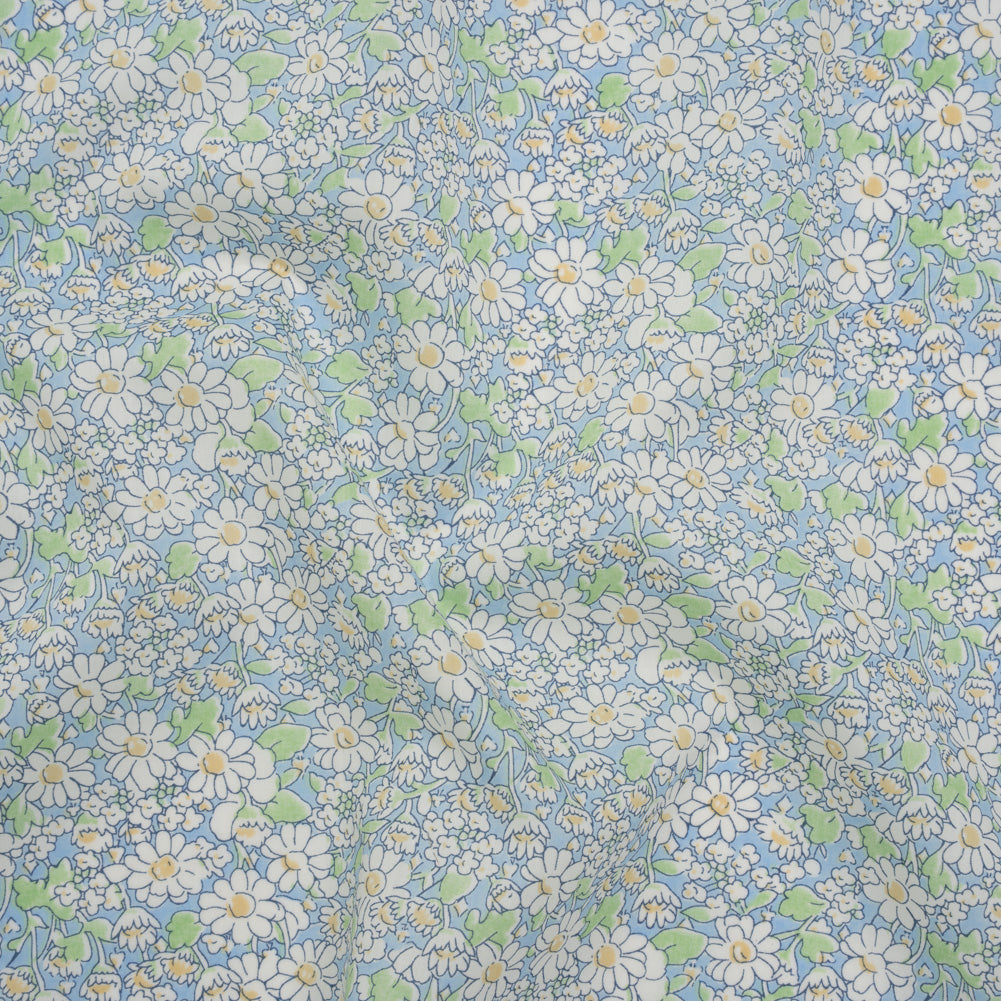Liberty Fabrics Tana Lawn® - Alice W Blue - Baby Blue, Green and White Daisy Flowers Drape Liberty Fabrics Tana Lawn® - Alice W Blue - Baby Blue, Green and White Daisy Flowers Drape