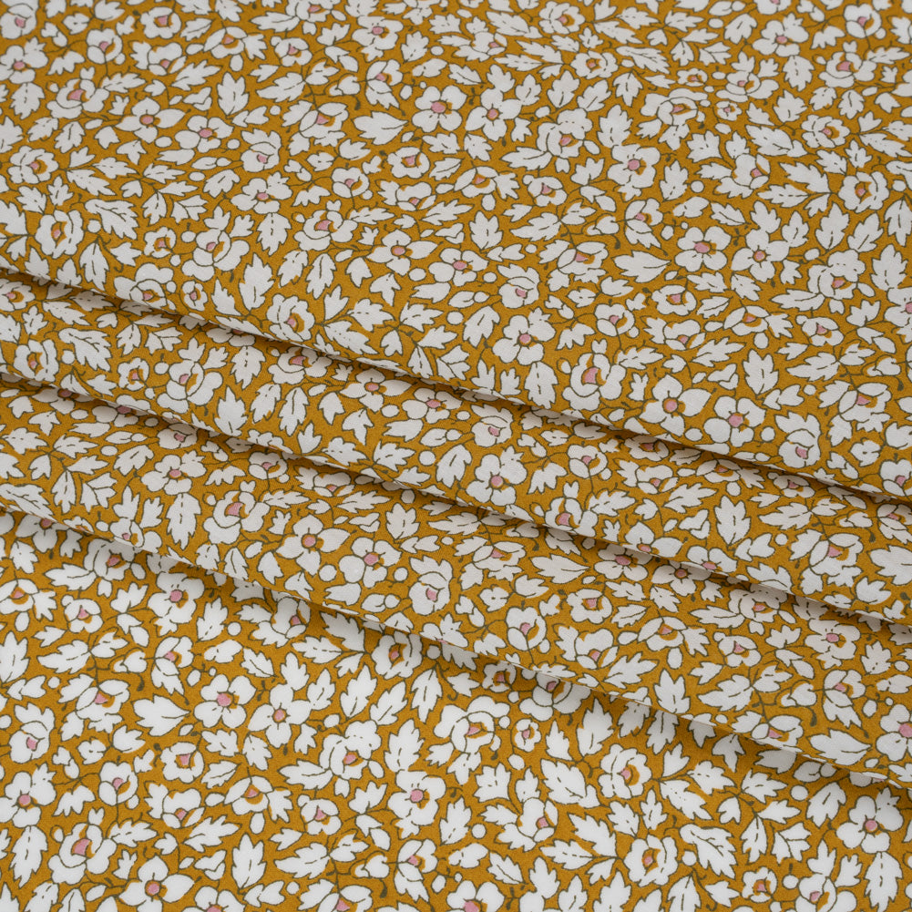 Liberty Fabrics Tana Lawn® - Feather Meadow Yellow - Yellow Ochre and White Flowers and Leaves - Detail Liberty Fabrics Tana Lawn® - Feather Meadow Yellow - Yellow Ochre and White Flowers and Leaves - Detail