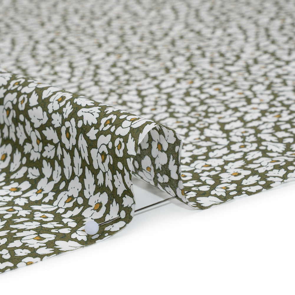Liberty Fabrics Tana Lawn® - Feather Meadow Green - Olive Green and White Flowers and Leaves - Full Liberty Fabrics Tana Lawn® - Feather Meadow Green - Olive Green and White Flowers and Leaves - Full