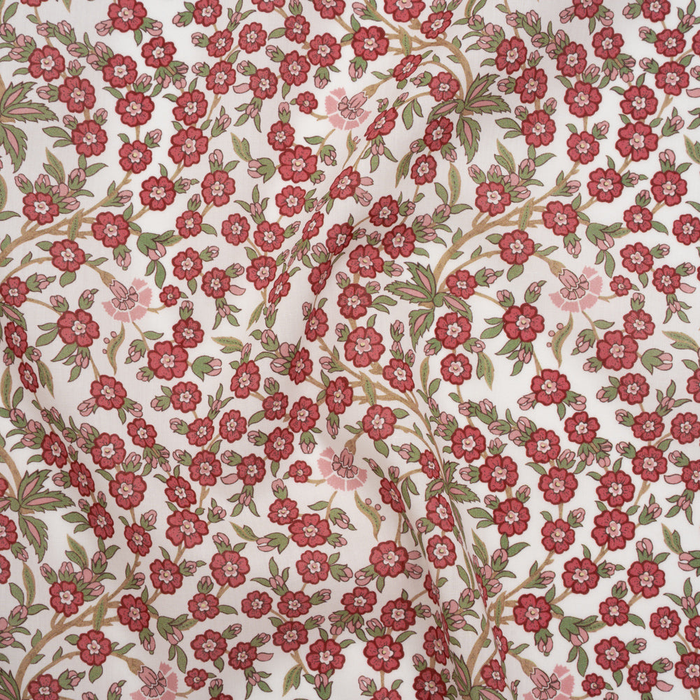 Liberty Fabrics Tana Lawn® - Empress Red - Red and Green Trailing Cherry Blossoms Drape Liberty Fabrics Tana Lawn® - Empress Red - Red and Green Trailing Cherry Blossoms Drape