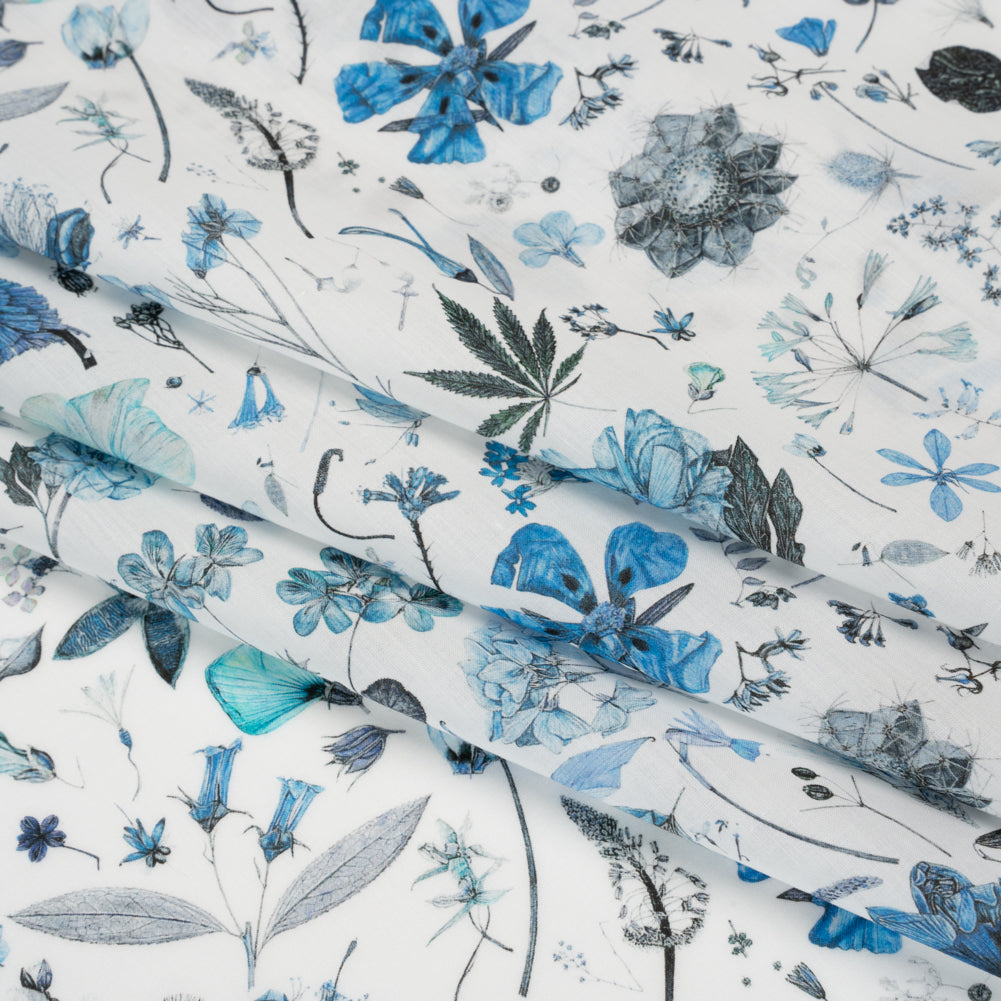 Liberty Fabrics Tana Lawn® - Floral Eve Light Blue - Cobalt, Gray and White Scattered Plants and Flowers - Detail Liberty Fabrics Tana Lawn® - Floral Eve Light Blue - Cobalt, Gray and White Scattered Plants and Flowers - Detail