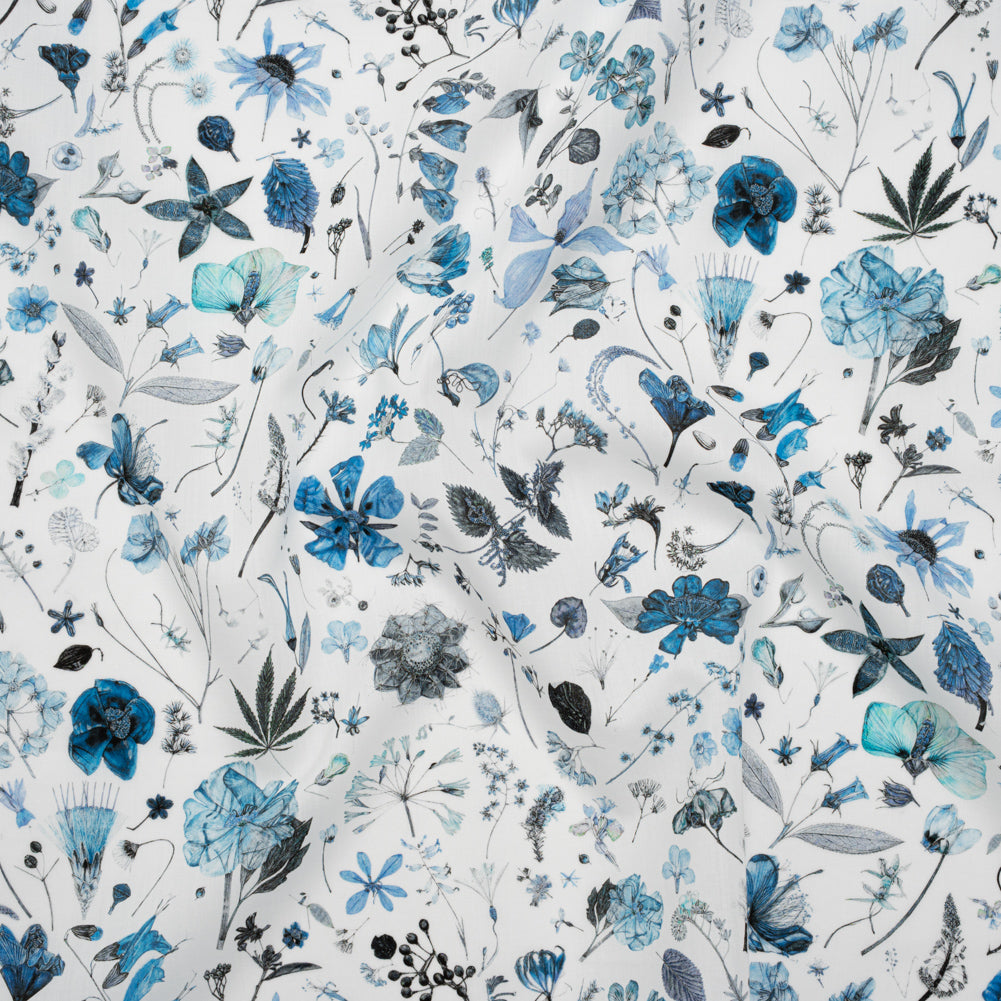 Liberty Fabrics Tana Lawn® - Floral Eve Light Blue - Cobalt, Gray and White Scattered Plants and Flowers - Drape Liberty Fabrics Tana Lawn® - Floral Eve Light Blue - Cobalt, Gray and White Scattered Plants and Flowers - Drape
