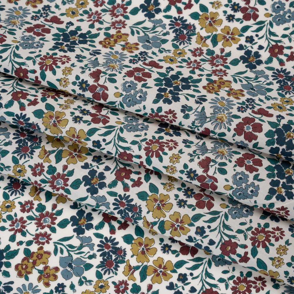 Liberty Fabrics Tana Lawn® - Annabella Multi Neutral - Yellow Ochre, Dark Red and Teal Floral Folded Liberty Fabrics Tana Lawn® - Annabella Multi Neutral - Yellow Ochre, Dark Red and Teal Floral Folded