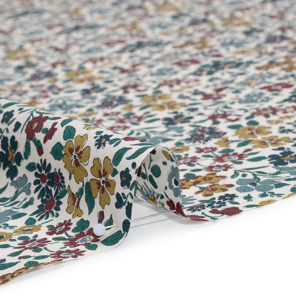 Liberty Fabrics Tana Lawn® - Annabella Multi Neutral - Yellow Ochre, Dark Red and Teal Floral Detail Liberty Fabrics Tana Lawn® - Annabella Multi Neutral - Yellow Ochre, Dark Red and Teal Floral Detail