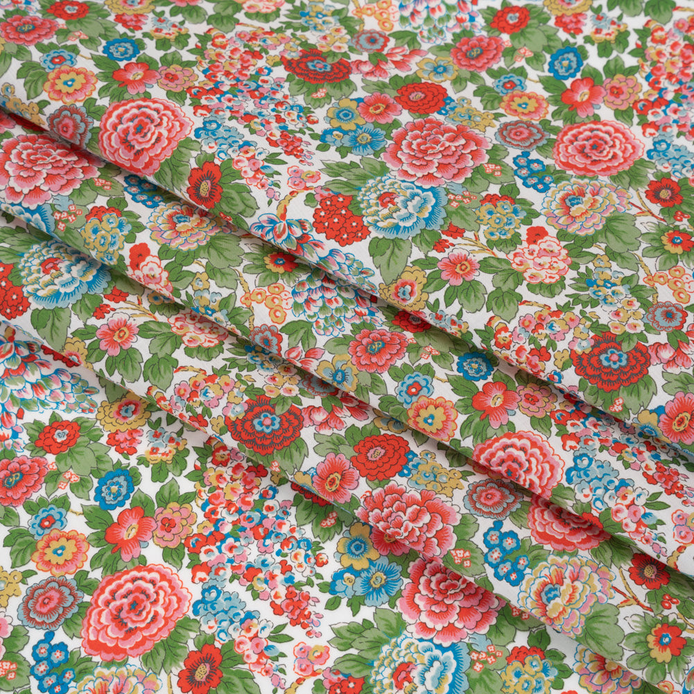 Liberty Fabrics Tana Lawn® - Elysian Day Red - Red, Blue and Green Rosy Blooms Folded Liberty Fabrics Tana Lawn® - Elysian Day Red - Red, Blue and Green Rosy Blooms Folded