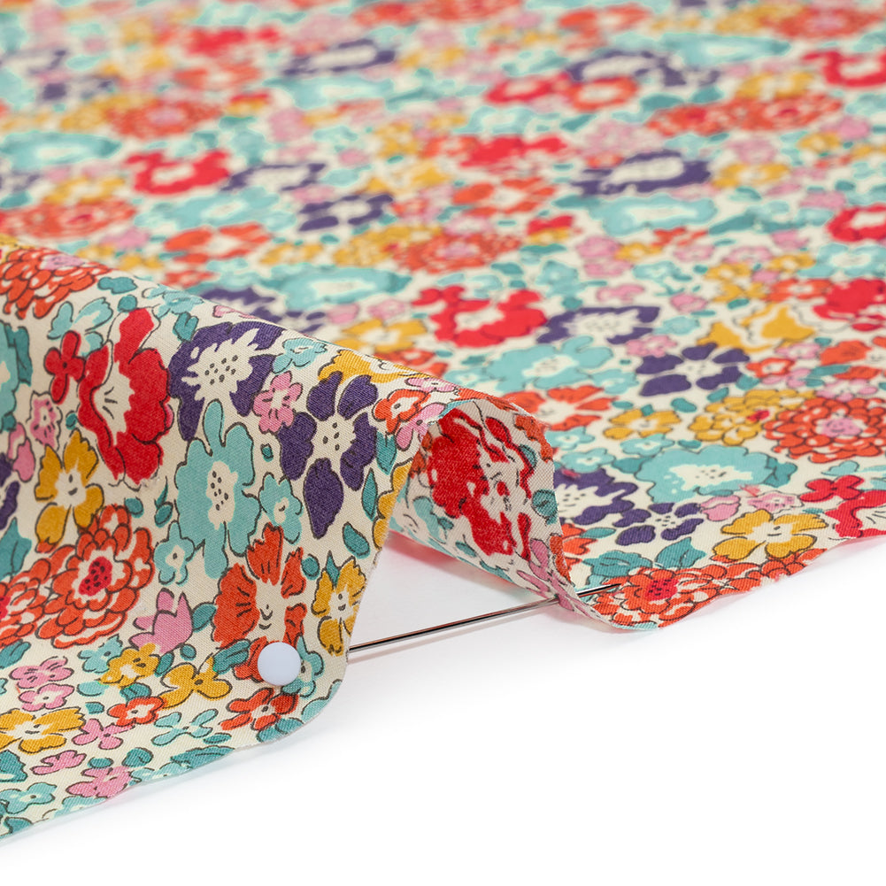 Liberty Fabrics Tana Lawn® - Michelle Multi Bright - Coral Red, Purple and Light Blue Floral Detail Liberty Fabrics Tana Lawn® - Michelle Multi Bright - Coral Red, Purple and Light Blue Floral Detail