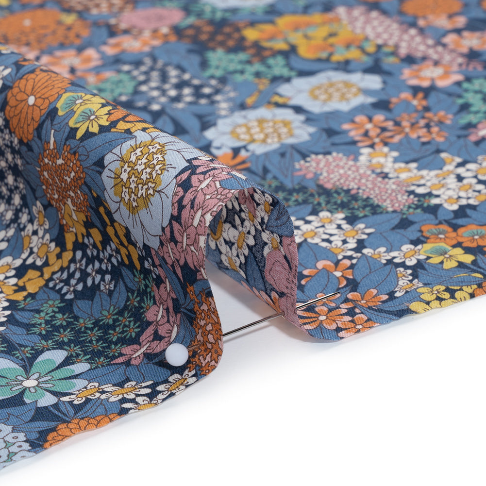 Liberty Fabrics Tana Lawn® - Ciara Dark Blue - Muted Blue, Dark Orange and Rose Pink Flower Garden Detail Liberty Fabrics Tana Lawn® - Ciara Dark Blue - Muted Blue, Dark Orange and Rose Pink Flower Garden Detail