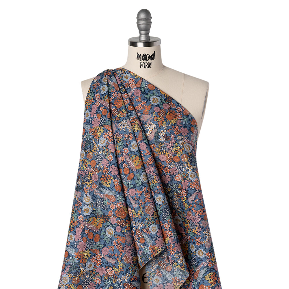 Liberty Fabrics Tana Lawn® - Ciara Dark Blue - Muted Blue, Dark Orange and Rose Pink Flower Garden Drape Liberty Fabrics Tana Lawn® - Ciara Dark Blue - Muted Blue, Dark Orange and Rose Pink Flower Garden Drape