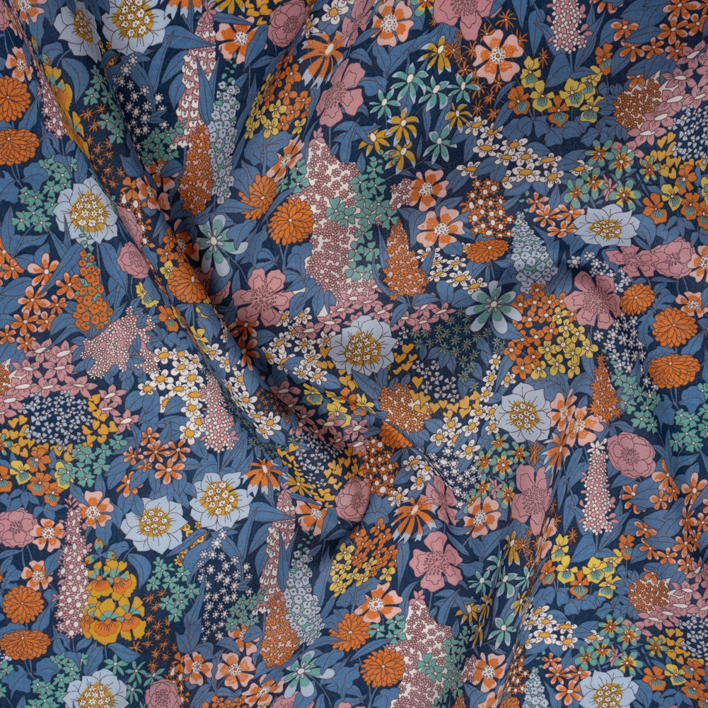 Liberty Fabrics Tana Lawn® - Ciara Dark Blue - Muted Blue, Dark Orange and Rose Pink Flower Garden Liberty Fabrics Tana Lawn® - Ciara Dark Blue - Muted Blue, Dark Orange and Rose Pink Flower Garden