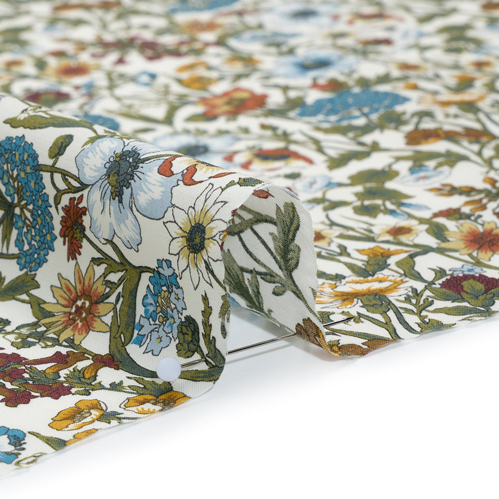 Liberty Fabrics Tana Lawn® - Rachel Multi Neutral - Sky Blue, Olive Green and Brick Red Flowers and Foliage Detail Liberty Fabrics Tana Lawn® - Rachel Multi Neutral - Sky Blue, Olive Green and Brick Red Flowers and Foliage Detail