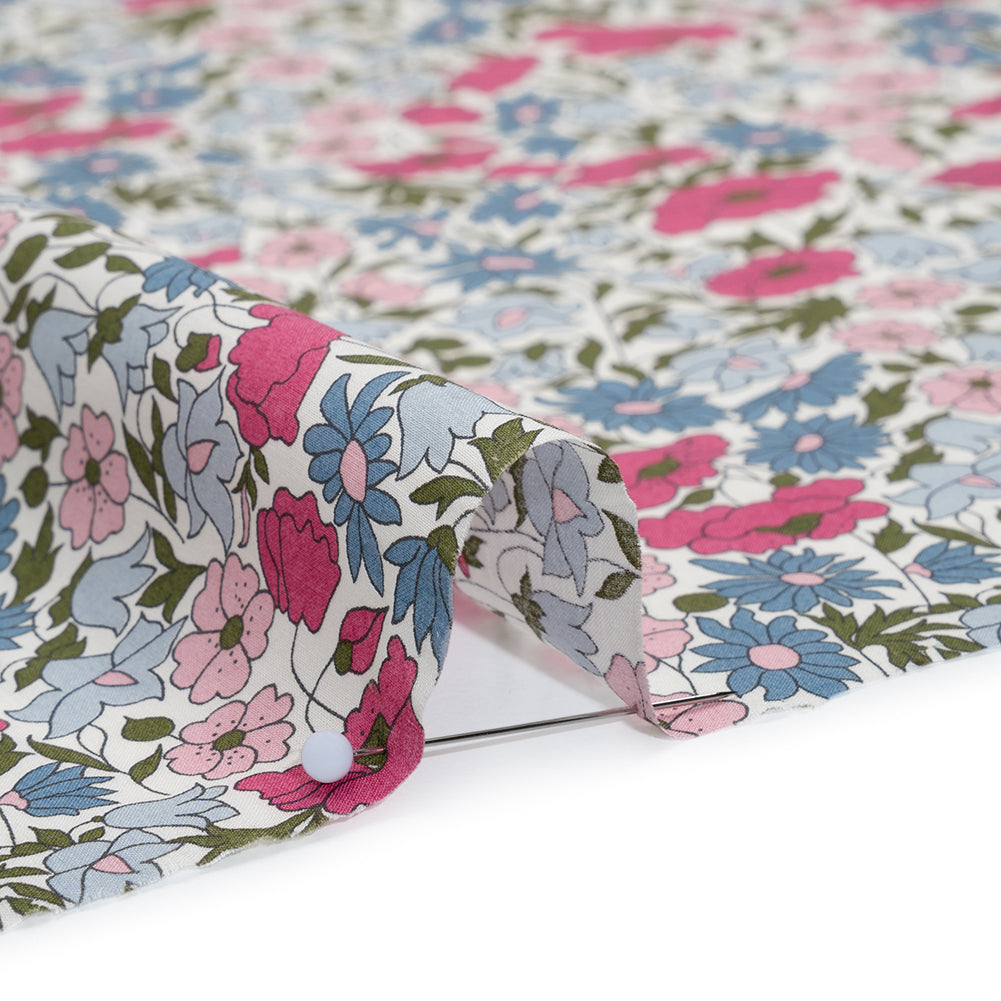Liberty Fabrics Tana Lawn® - Poppy & Daisy Pink - Baby Pink, Light Blue and Olive Green Fine Lined Illustrated Florals Liberty Fabrics Tana Lawn® - Poppy & Daisy Pink - Baby Pink, Light Blue and Olive Green Fine Lined Illustrated Florals