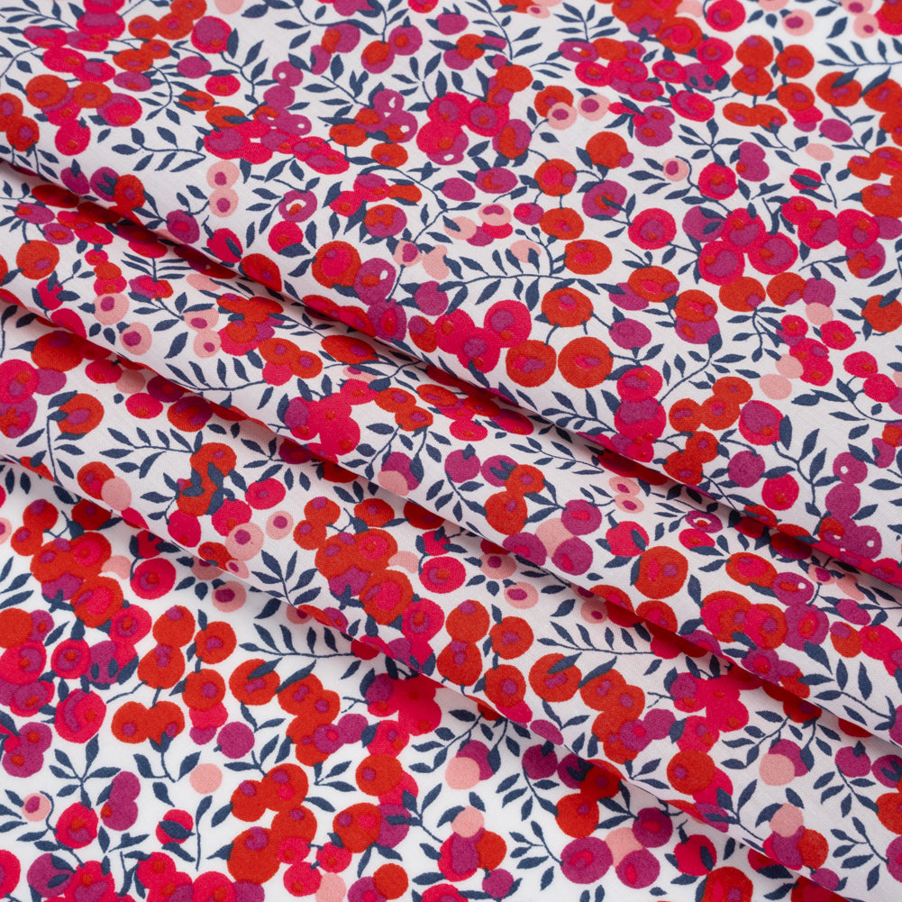 Liberty Fabrics Tana Lawn® - Wiltshire Pink - Pink, Red and Blue Leaves and Berries Folded Liberty Fabrics Tana Lawn® - Wiltshire Pink - Pink, Red and Blue Leaves and Berries Folded