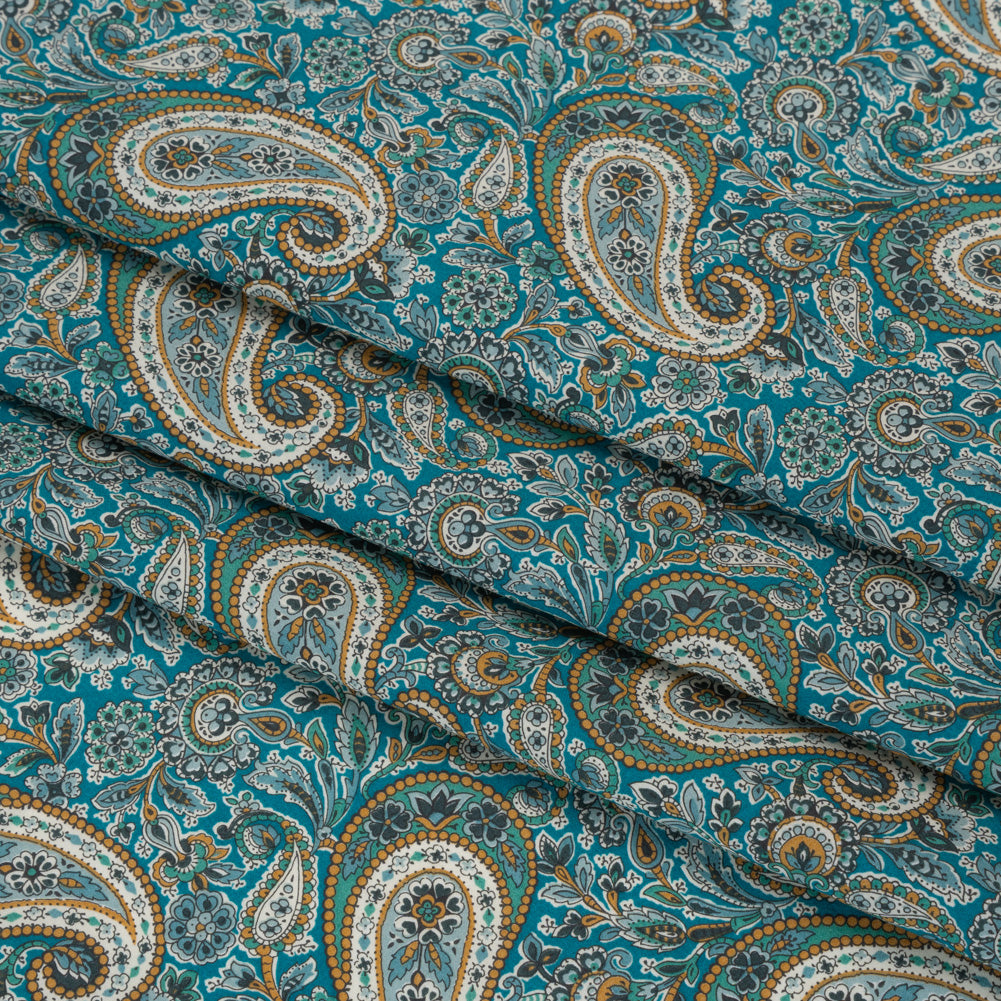 Liberty Fabrics Tana Lawn® - Lee Manor Blue Turquoise - Turquoise, Green and Orange Paisley - Folded Liberty Fabrics Tana Lawn® - Lee Manor Blue Turquoise - Turquoise, Green and Orange Paisley - Folded
