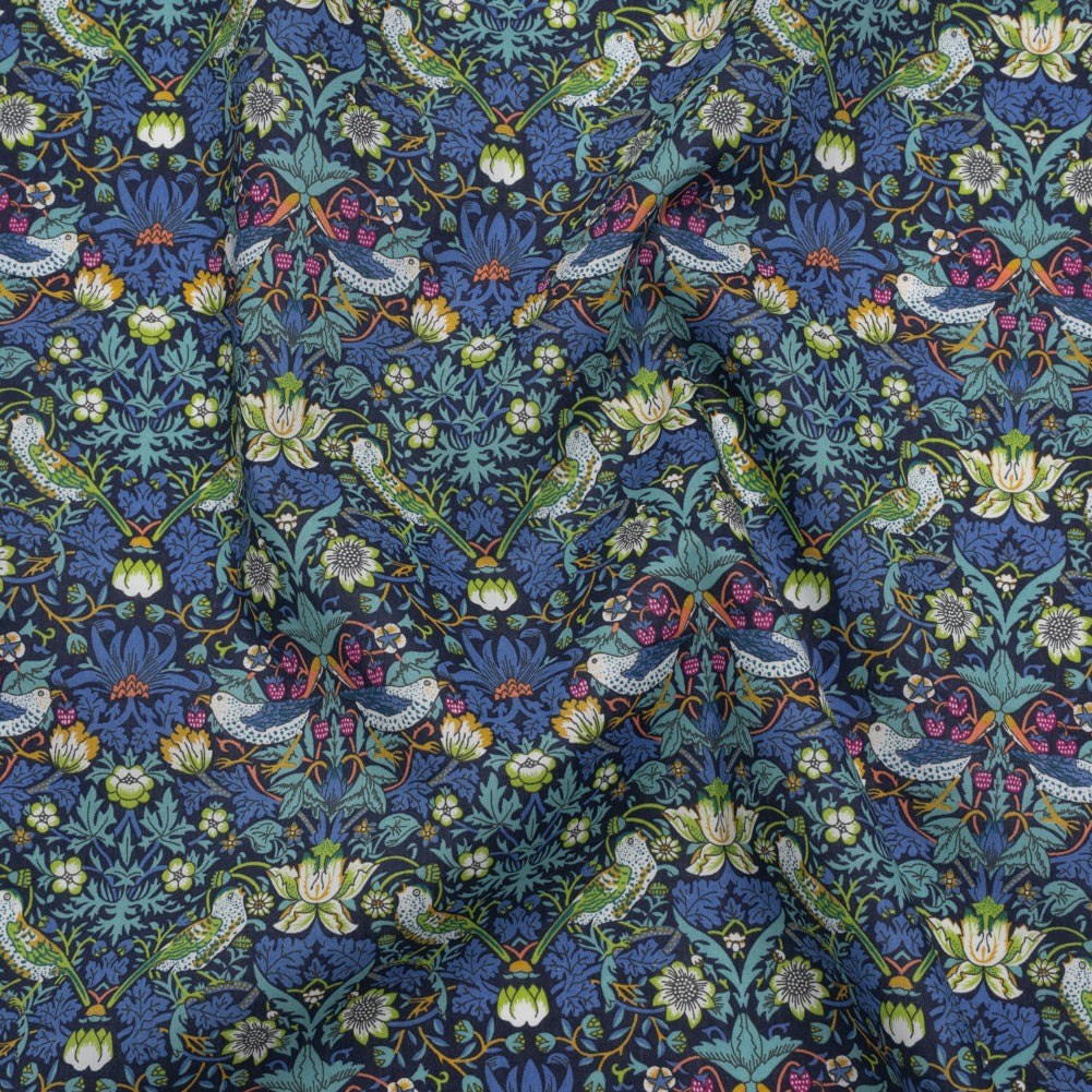 Liberty Fabrics Tana Lawn® - Strawberry Thief Dark Blue - Blue, Lime Green and Berry Pink Birds, Berries and Flowers Liberty Fabrics Tana Lawn® - Strawberry Thief Dark Blue - Blue, Lime Green and Berry Pink Birds, Berries and Flowers
