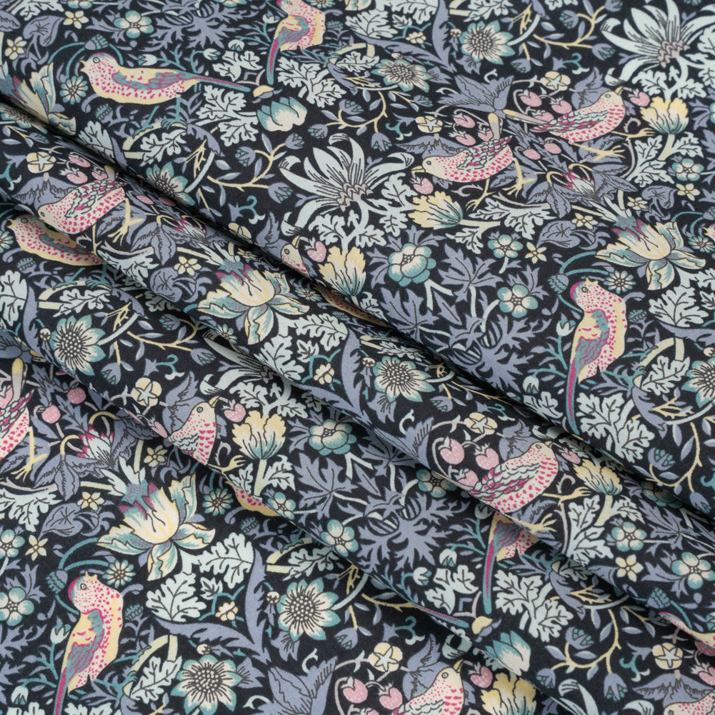 Liberty Fabrics Tana Lawn® - Strawberry Thief Gray - Charcoal, Blue and Pink Birds, Berries and Flowers Folded Liberty Fabrics Tana Lawn® - Strawberry Thief Gray - Charcoal, Blue and Pink Birds, Berries and Flowers Folded