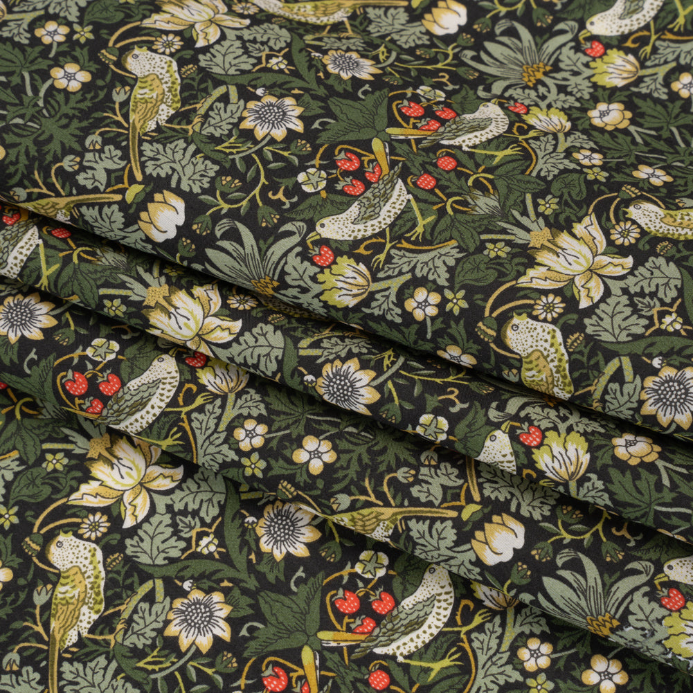 Liberty Fabrics Tana Lawn® - Strawberry Thief Dark Green - Forest Green, Yellow Ochre and Red Birds, Berries and Flowers Liberty Fabrics Tana Lawn® - Strawberry Thief Dark Green - Forest Green, Yellow Ochre and Red Birds, Berries and Flowers