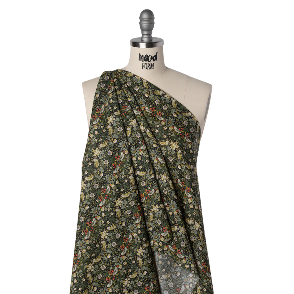 Liberty Fabrics Tana Lawn® - Strawberry Thief Dark Green - Forest Green, Yellow Ochre and Red Birds, Berries and Flowers Liberty Fabrics Tana Lawn® - Strawberry Thief Dark Green - Forest Green, Yellow Ochre and Red Birds, Berries and Flowers