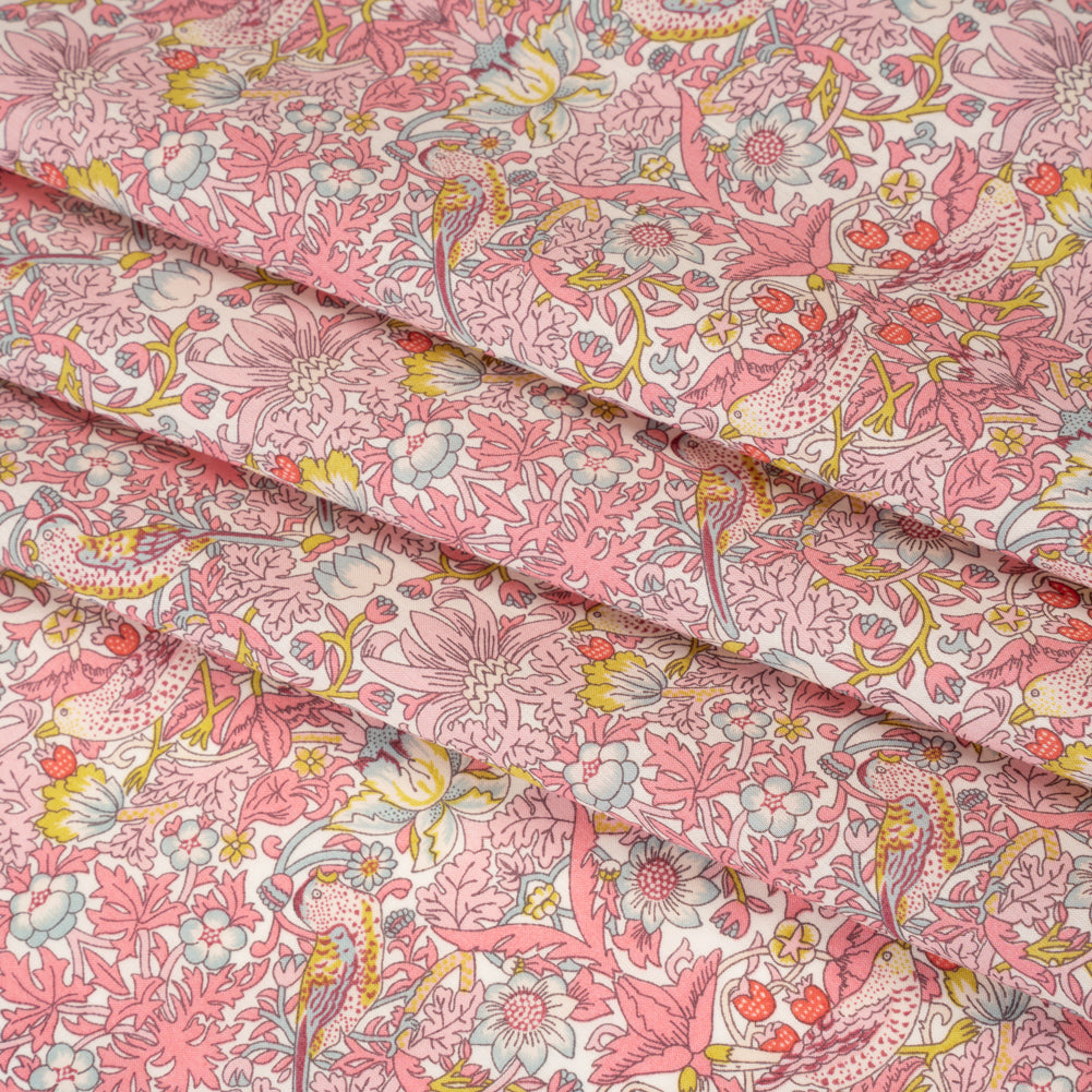 Liberty Fabrics Tana Lawn® - Strawberry Thief Spring Light Pink - Baby Pink, Golden Yellow and Pale Blue Birds, Berries and Flowers Folded Liberty Fabrics Tana Lawn® - Strawberry Thief Spring Light Pink - Baby Pink, Golden Yellow and Pale Blue Birds, Berries and Flowers Folded