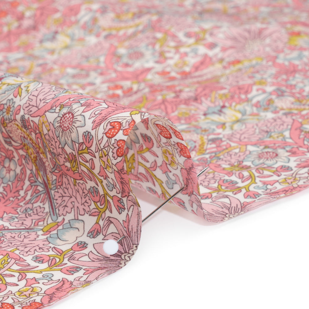 Liberty Fabrics Tana Lawn® - Strawberry Thief Spring Light Pink - Baby Pink, Golden Yellow and Pale Blue Birds, Berries and Flowers Detail Liberty Fabrics Tana Lawn® - Strawberry Thief Spring Light Pink - Baby Pink, Golden Yellow and Pale Blue Birds, Berries and Flowers Detail