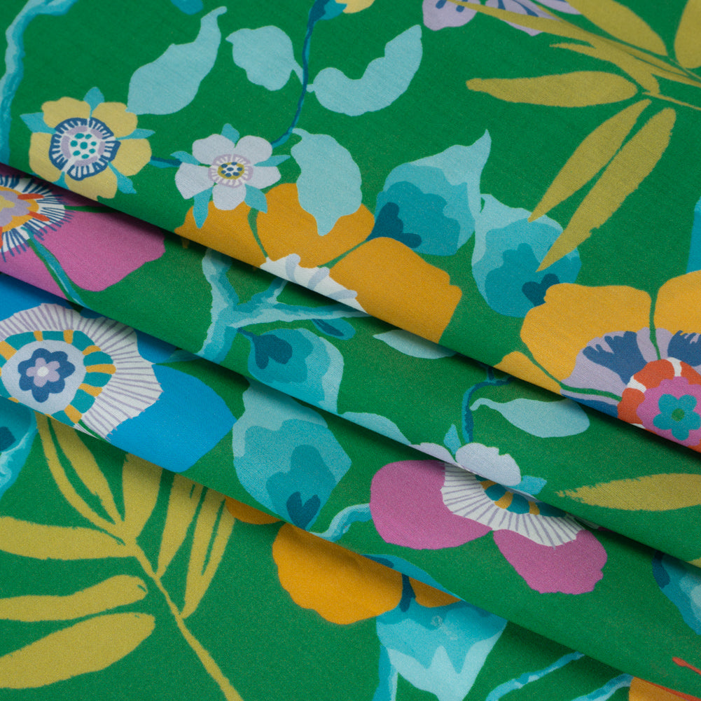 Liberty Fabrics Tana Lawn® - Pavilion Green - Kelly Green, Blue and Red Bold Florals - Folded Liberty Fabrics Tana Lawn® - Pavilion Green - Kelly Green, Blue and Red Bold Florals - Folded