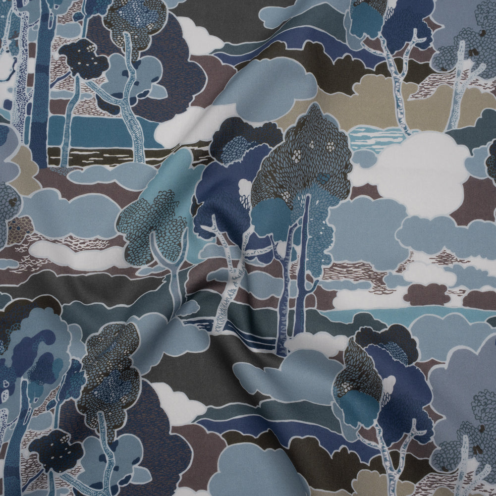 Liberty Fabrics Tana Lawn® - Prospect Road Dark Blue - Navy, Storm Blue and Brown Tree Filled Landscape Liberty Fabrics Tana Lawn® - Prospect Road Dark Blue - Navy, Storm Blue and Brown Tree Filled Landscape