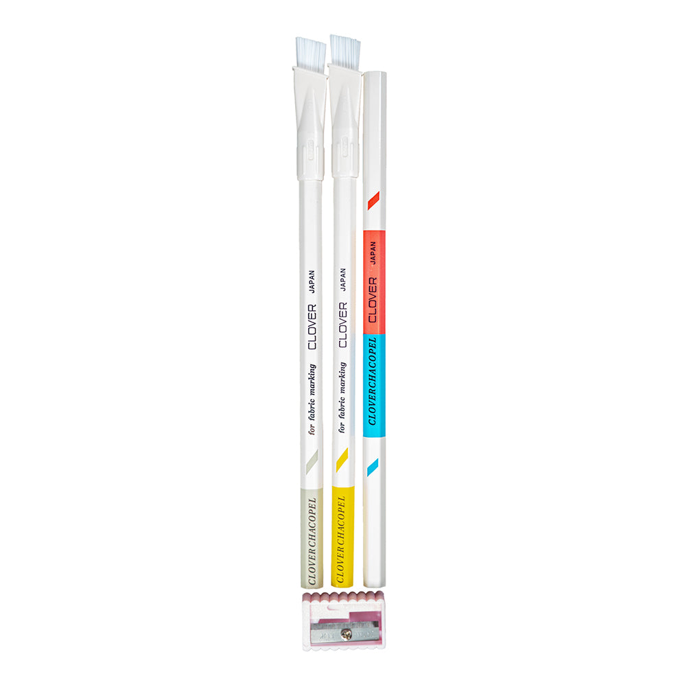 Clover Chacopel Fabric Pencils - Fine - Pink and Blue, White, Yellow and Sharpener Set Clover Chacopel Fabric Pencils - Fine - Pink and Blue, White, Yellow and Sharpener Set