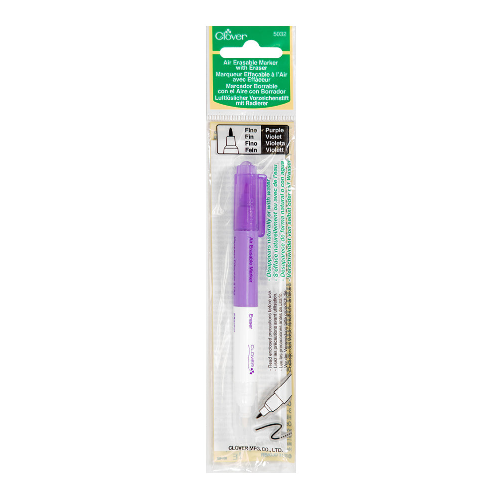 Clover Air Erasable Fabric Marker with Eraser - Purple, Fine Folded Clover Air Erasable Fabric Marker with Eraser - Purple, Fine Folded