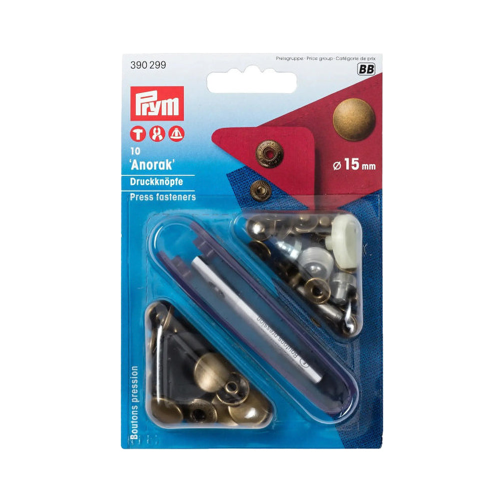 Prym Anorak Press Fasteners with Tools - Antique Brass 15mm - 10pc Prym Anorak Press Fasteners with Tools - Antique Brass 15mm - 10pc