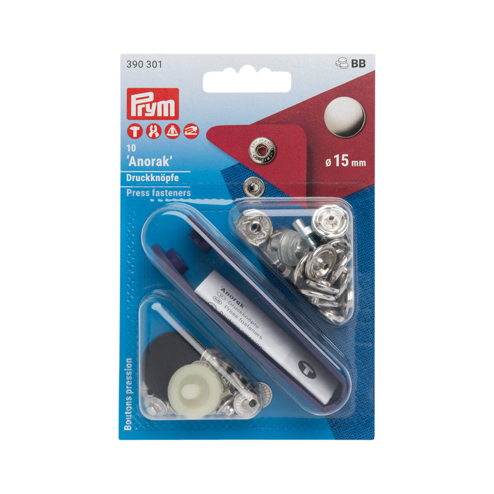 Prym Anorak Press Fasteners with Tools - Silver 15mm - 10pc Prym Anorak Press Fasteners with Tools - Silver 15mm - 10pc