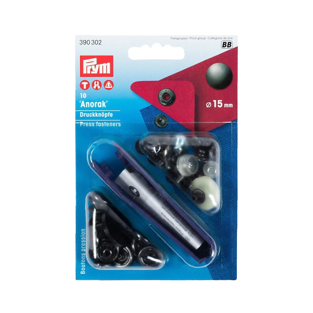 Prym Anorak Press Fasteners with Tools - Oxidized Black 15mm - 10pc Prym Anorak Press Fasteners with Tools - Oxidized Black 15mm - 10pc