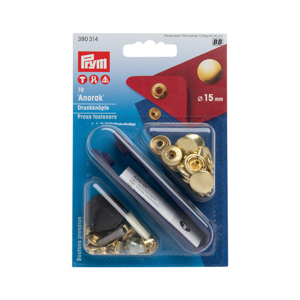 Prym Anorak Press Fasteners with Tools - Gold 15mm - 10pc Prym Anorak Press Fasteners with Tools - Gold 15mm - 10pc
