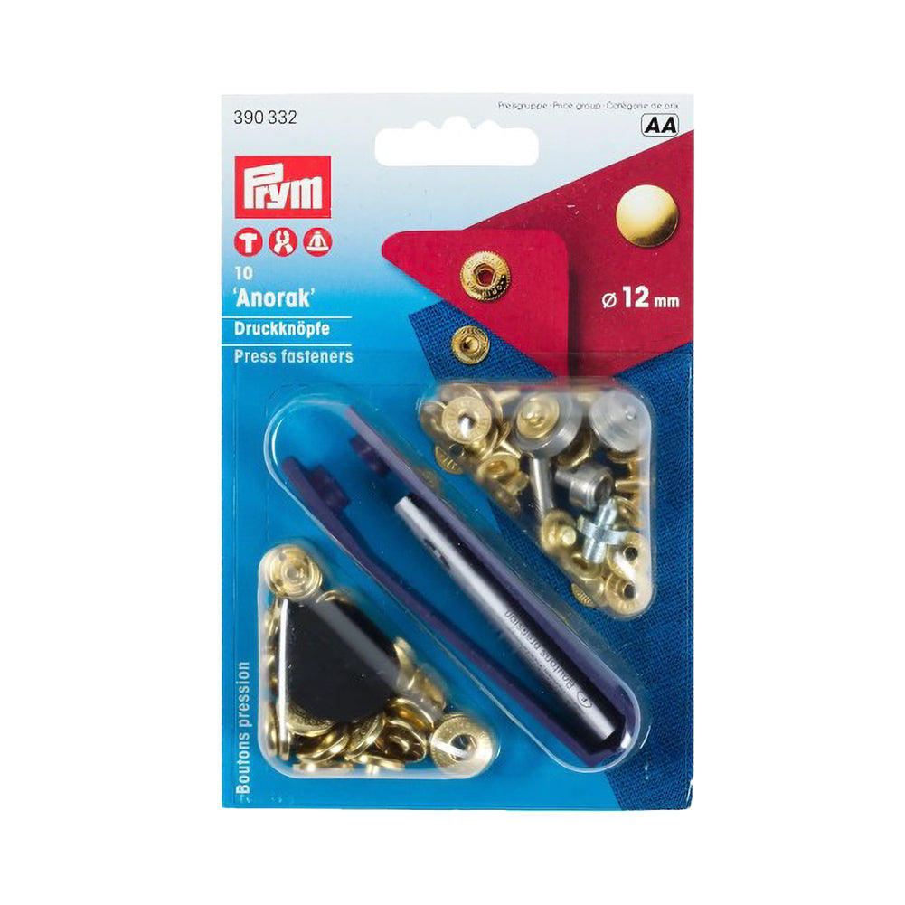 Prym Anorak Press Fasteners with Tools - Gold 12mm - 10pc Prym Anorak Press Fasteners with Tools - Gold 12mm - 10pc