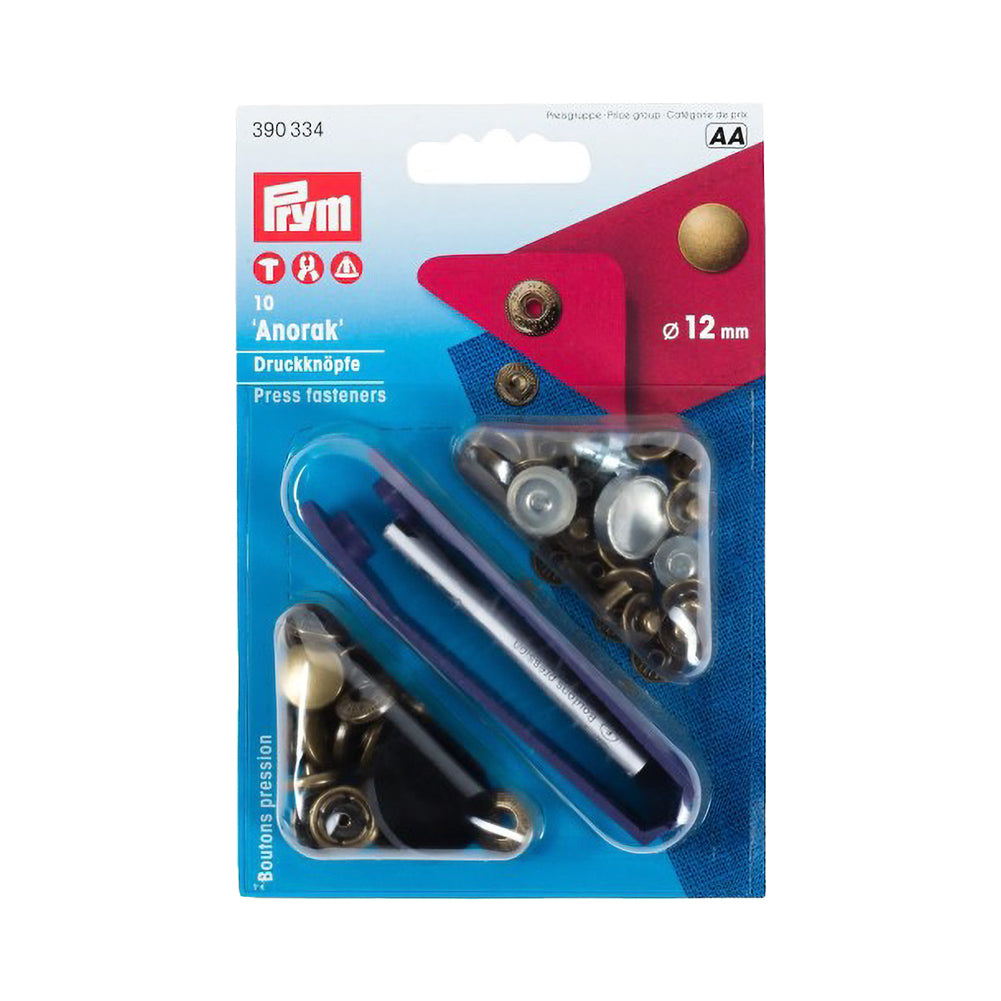 Prym Anorak Press Fasteners with Tools - Antique Brass 12mm - 10pc Prym Anorak Press Fasteners with Tools - Antique Brass 12mm - 10pc