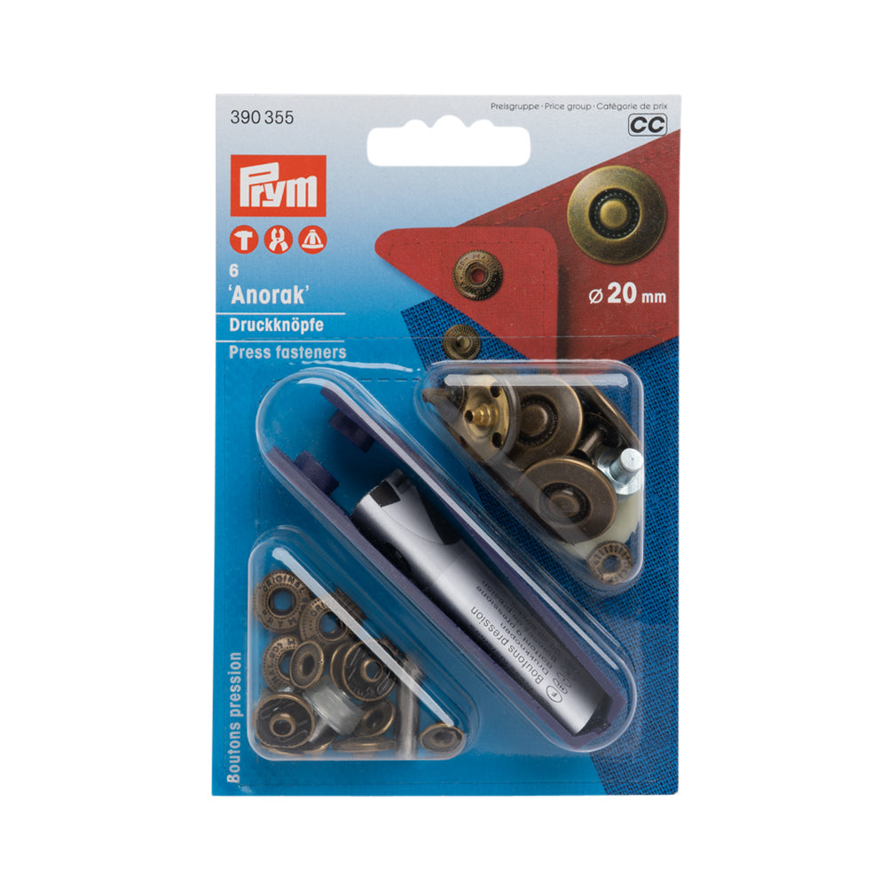 Prym Anorak Press Fasteners with Tools - Antique Brass 20mm - 6pc Prym Anorak Press Fasteners with Tools - Antique Brass 20mm - 6pc